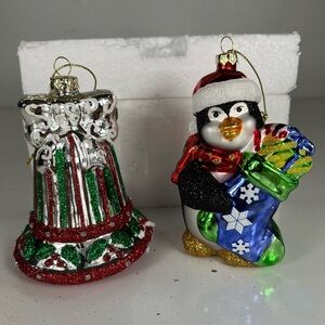 2 Danbury Mint Blown Glass Christmas Ornaments Bell And Penguin With Stocking.